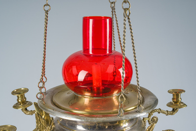 A Gothic revival partially silver-plated brass six-light 'angels' sanctuary lamp, ca. 1900