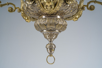 A Gothic revival partially silver-plated brass six-light 'angels' sanctuary lamp, ca. 1900