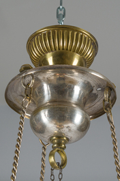 A Gothic revival partially silver-plated brass six-light 'angels' sanctuary lamp, ca. 1900
