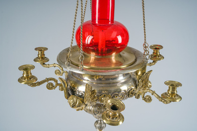 A Gothic revival partially silver-plated brass six-light 'angels' sanctuary lamp, ca. 1900