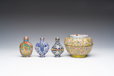 Three Chinese cloisonn&eacute; snuff bottles and a Canton enamel bowl and cover, 19th/20th C.