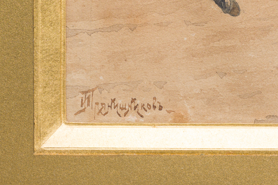 Ivan Petrovich Prjanisnikov (1841-1909): L'escorte du prisonnier, aquarelle sur papier