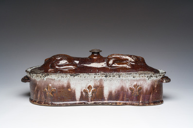 A brown-glazed pottery tureen for hare's p&acirc;t&eacute;, west of France, 19th C.