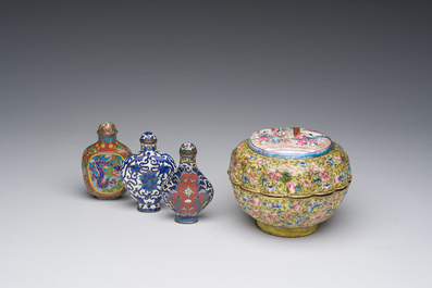 Three Chinese cloisonn&eacute; snuff bottles and a Canton enamel bowl and cover, 19th/20th C.