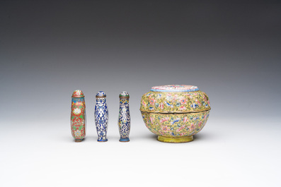 Three Chinese cloisonn&eacute; snuff bottles and a Canton enamel bowl and cover, 19th/20th C.