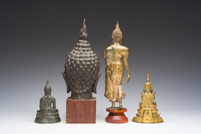 Four Thai partly gilt bronze Buddha sculptures, Rattanakosin and later, 19th/20th C.