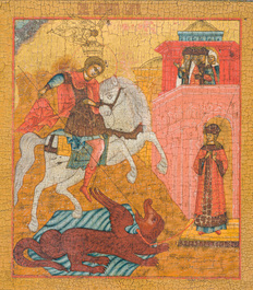 A large Russian orthodox 'Saint George and the dragon' icon, 17th/18th C.