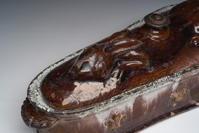 A brown-glazed pottery tureen for hare's p&acirc;t&eacute;, west of France, 19th C.