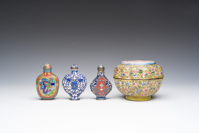 Three Chinese cloisonn&eacute; snuff bottles and a Canton enamel bowl and cover, 19th/20th C.