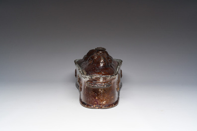A brown-glazed pottery tureen for hare's p&acirc;t&eacute;, west of France, 19th C.