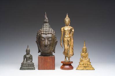 Four Thai partly gilt bronze Buddha sculptures, Rattanakosin and later, 19th/20th C.