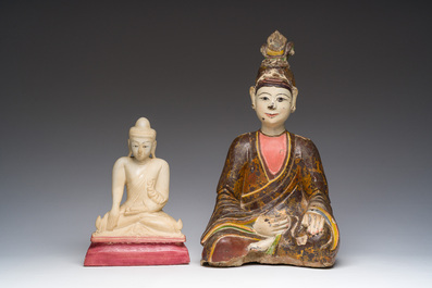 A Burmese white marble Buddha and a polychromed wood Buddha, 20th C.