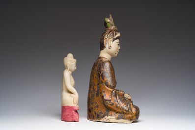 A Burmese white marble Buddha and a polychromed wood Buddha, 20th C.