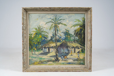 Isidore Tiba (1908-1954): View of a Congolese village, oil on canvas