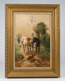 Henry Schouten (1860-1927): A farmer with two cows and a dog in a landscape, oil on canvas