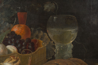 Ecole flamande: Nature morte aux raisins, au verre Roemer et &agrave; la bouteille en verre, huile sur toile, 17&egrave;me si&egrave;cle