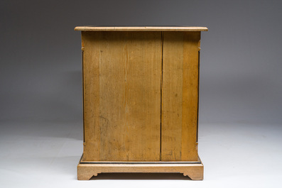 An English nine-drawers wooden pedestal desk with ebonized wooden inlay and leather top, Garnett &amp; Sons, ca. 1900