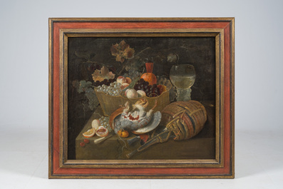 Ecole flamande: Nature morte aux raisins, au verre Roemer et &agrave; la bouteille en verre, huile sur toile, 17&egrave;me si&egrave;cle