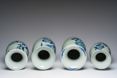 Four Chinese blue and white celadon vases with birds among blossoming branches, 19th/20th C.
