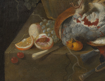 Ecole flamande: Nature morte aux raisins, au verre Roemer et &agrave; la bouteille en verre, huile sur toile, 17&egrave;me si&egrave;cle