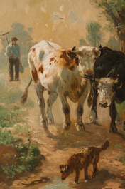 Henry Schouten (1860-1927): A farmer with two cows and a dog in a landscape, oil on canvas