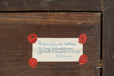 Eug&egrave;ne Verboeckhoven (1798-1881, in de stijl van): Koeien en schapen in de wei, olie op paneel, 19de eeuw