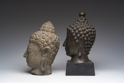 A Thai bronze Buddha head and a Chinese stone Buddha head, 19th/20th C.