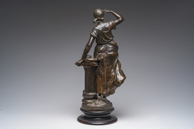 Auguste Moreau (1834-1917): P&ecirc;cheuse en garde, bronze &agrave; patine brune sur socle en bois