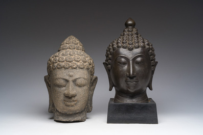 A Thai bronze Buddha head and a Chinese stone Buddha head, 19th/20th C.