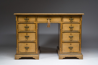 An English nine-drawers wooden pedestal desk with ebonized wooden inlay and leather top, Garnett &amp; Sons, ca. 1900
