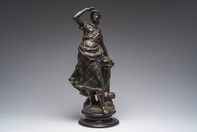 Auguste Moreau (1834-1917): P&ecirc;cheuse en garde, bronze &agrave; patine brune sur socle en bois