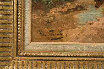 Henry Schouten (1860-1927): A farmer with two cows and a dog in a landscape, oil on canvas