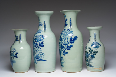 Four Chinese blue and white celadon vases with birds among blossoming branches, 19th/20th C.