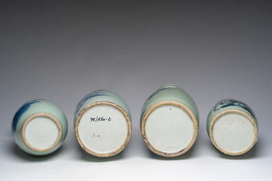 Quatre vases en porcelaine de Chine bleu et blanc sur fond c&eacute;ladon &agrave; d&eacute;cor d'oiseaux parmi des branches fleuries, 19&egrave;me/20&egrave;me si&egrave;cle
