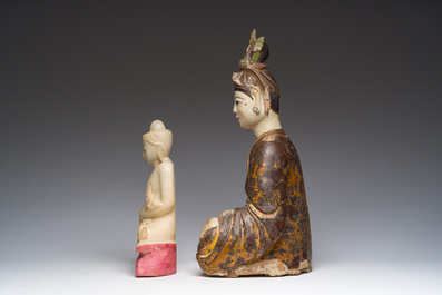 A Burmese white marble Buddha and a polychromed wood Buddha, 20th C.
