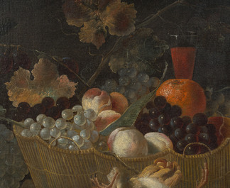 Ecole flamande: Nature morte aux raisins, au verre Roemer et &agrave; la bouteille en verre, huile sur toile, 17&egrave;me si&egrave;cle