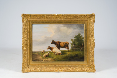 Eug&egrave;ne Verboeckhoven (1798-1881, in de stijl van): Koeien en schapen in de wei, olie op paneel, 19de eeuw