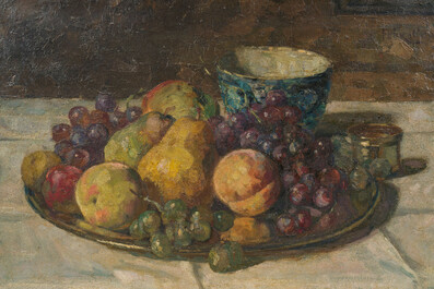 F&eacute;lix Gogo (1872-1953): Nature morte avec fruits et vaisselle, huile sur toile