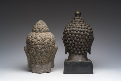 A Thai bronze Buddha head and a Chinese stone Buddha head, 19th/20th C.