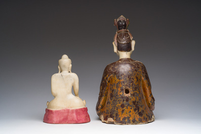 A Burmese white marble Buddha and a polychromed wood Buddha, 20th C.