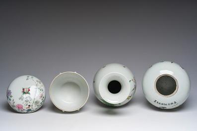 Twee Chinese famille rose vazen, een dekselkom en twee kommen, 19de/20ste eeuw