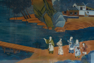 Ecole chinoise: Paysage lacustre anim&eacute; aux figures, &eacute;glomis&eacute;, 19&egrave;me/20&egrave;me si&egrave;cle