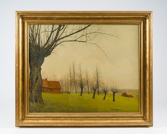 Emiel De Cooman (1922) : Paysage avec fermes, huile sur toile, dat&eacute; 1965