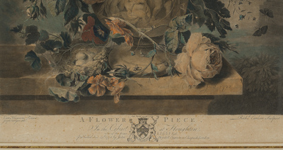 Richard Earlom (1743-1822) d'apr&egrave;s Jan van Huysum (1682-1749): Paire de natures mortes aux fleurs, mani&egrave;re noire en couleurs, dat&eacute; 1778