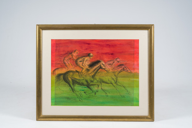 Roland Devolder (1938): Les jockeys, eau-forte rehauss&eacute;e d'aquarelle sur papier