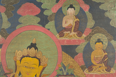 Importante thangka figurant Manjusri, Tibet, 19&egrave;me si&egrave;cle