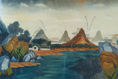 Ecole chinoise: Paysage lacustre anim&eacute; aux figures, &eacute;glomis&eacute;, 19&egrave;me/20&egrave;me si&egrave;cle