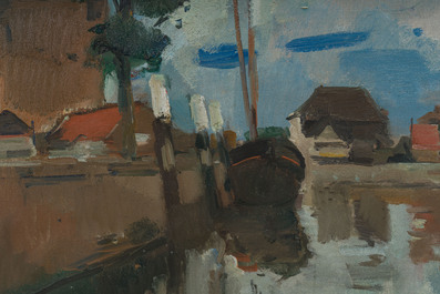 Isidore Opsomer (1878-1967): Vue d'un canal avec une rang&eacute;e de maisons, huile sur toile