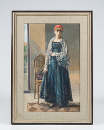 Ecole belge: Portrait d'une dame dans un int&eacute;rieur, huile sur board