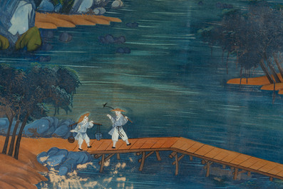 Ecole chinoise: Paysage lacustre anim&eacute; aux figures, &eacute;glomis&eacute;, 19&egrave;me/20&egrave;me si&egrave;cle